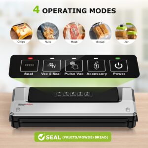 Bonsenkitchen Vacuum Sealer Machine, Precision-Compact 4-in-1 Food Sealer Machine, Multi-Functional Food Vacuum Sealer with 5 Vacuum Bags & Accessory Hose, Bright Silver