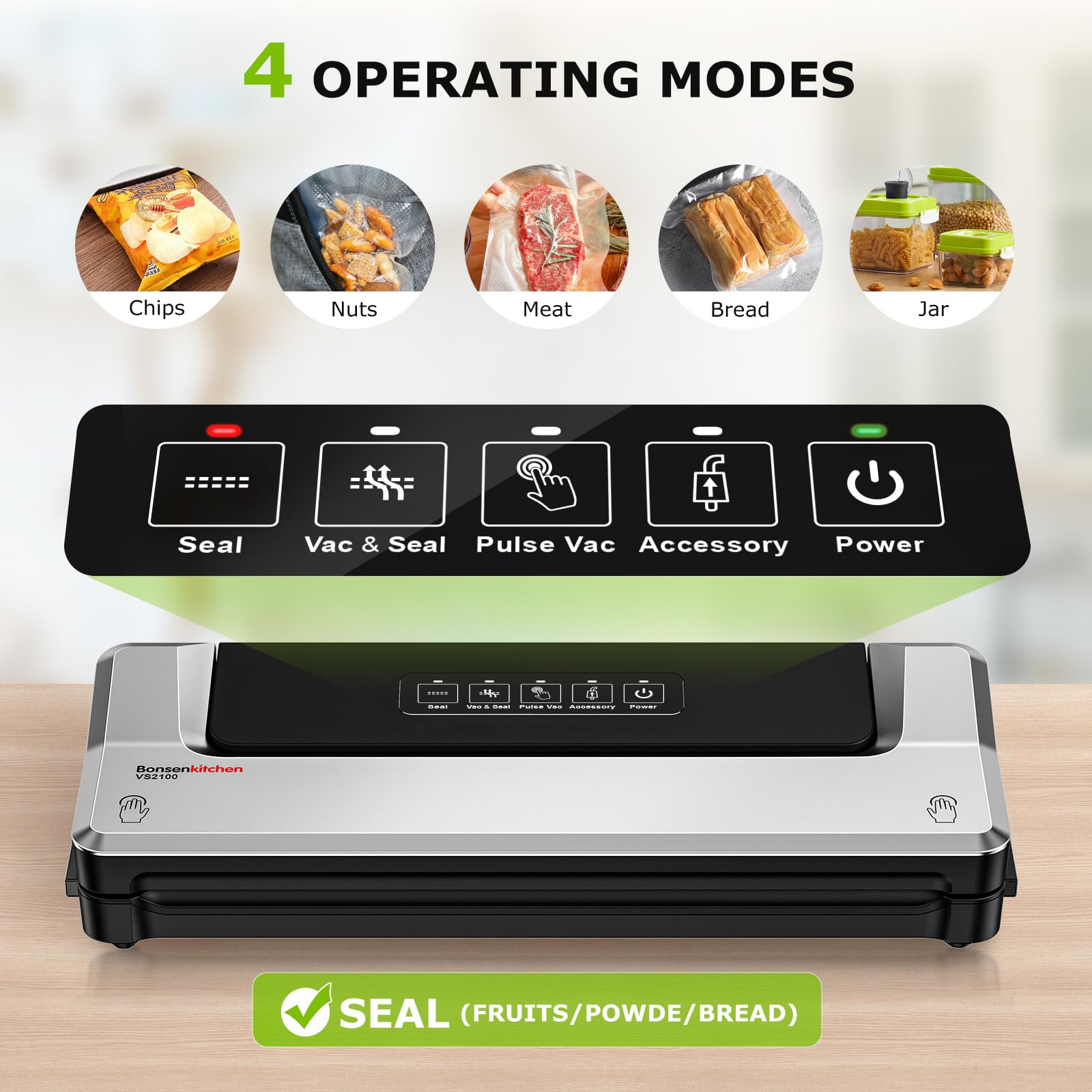 Bonsenkitchen Vacuum Sealer Machine, Precision-Compact 4-in-1 Food Sealer Machine, Multi-Functional Food Vacuum Sealer with 5 Vacuum Bags & Accessory Hose, Bright Silver