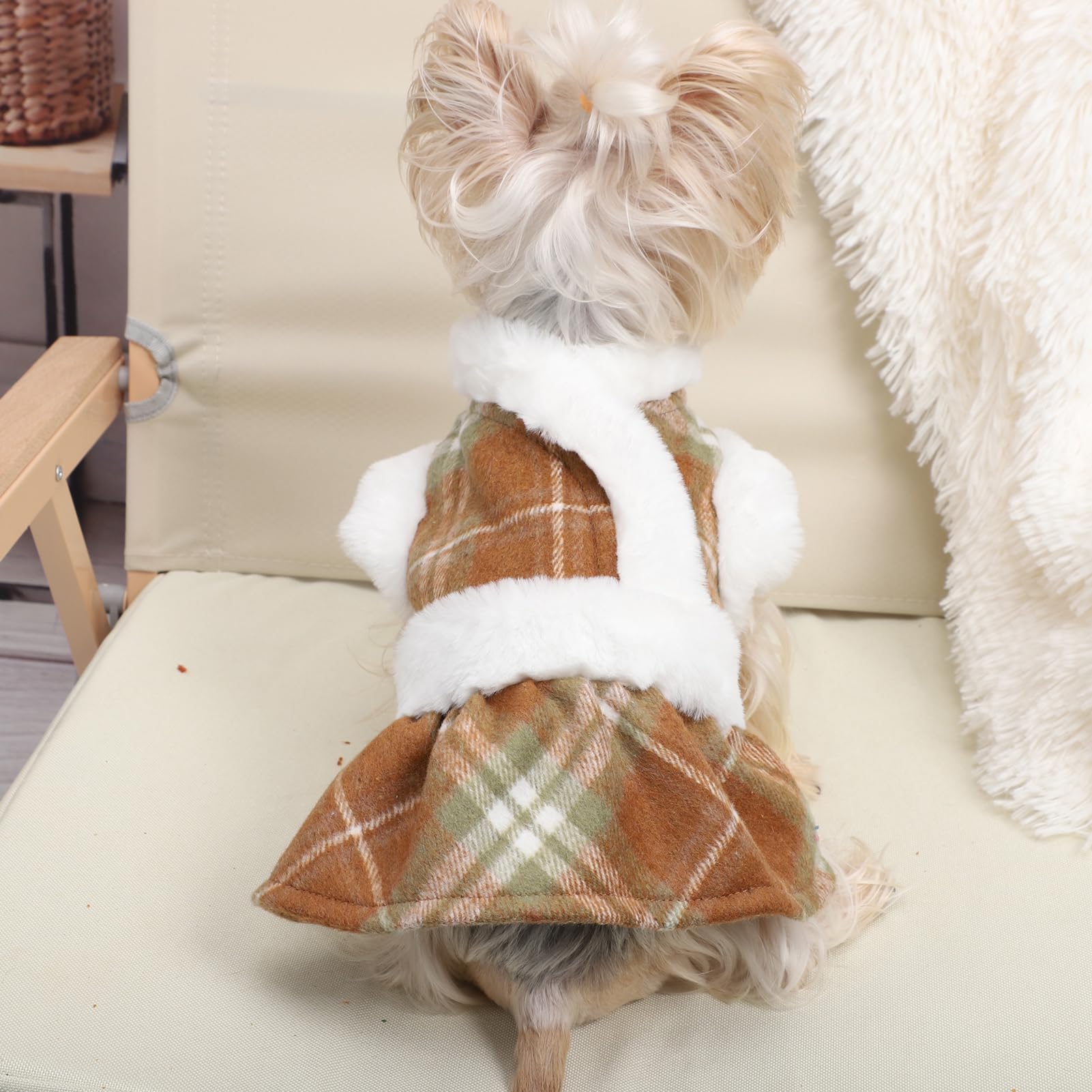 Dog Sweaters for Small Dogs Girl Dog Dress Sweater Winter Puppy Clothes Cold Weather Dog Coat Fleece Warm Pet Outfit Skirt for Chihuahua Yorkie Teacup Plaid Cat Apparel (XX-Small, Brown)