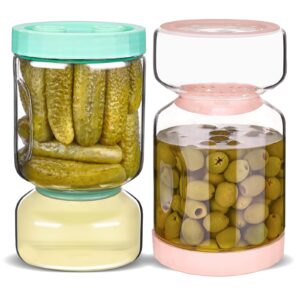 zens glass pickle jar with strainer flip, 2 pack 51oz anti-slip large pickle container, airtight hourglass pickle juice separator canning jar for storage olive, gherkin, dill sliced pickles.