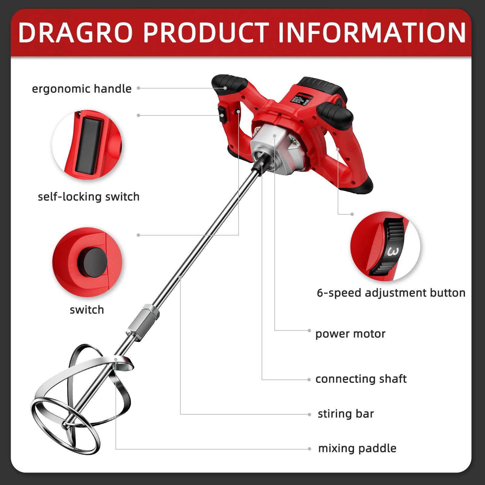 Dragro Electric Cement Mixer, 2100W Handheld Concrete Mixer with 6 Speed，Portable Mortar Mixer for Mixing Mud, Mortar, Plaster,Cement, Paint, Fodder，2 Pieces Mixing Heads