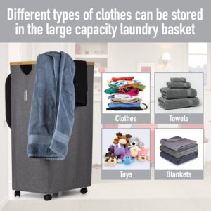 RUBROX Laundry Hamper with Lid on Wheels - 100L Large Laundry Basket with Bamboo Handle, Portable Clothes Hamper for Dorm Room, Bedroom, Bathroom, Grey foldable Hamper For Toys, Clothing, Clothing