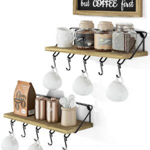 Alsonerbay Coffee Bar Shelf Wall Mount, Rustic Floating Shelves for Wall with Wooden Bar Sign, 16 Inch Wall Shelves with 10 Mug Hooks for Coffee Station, Dining Room, Living Room and Kitchen