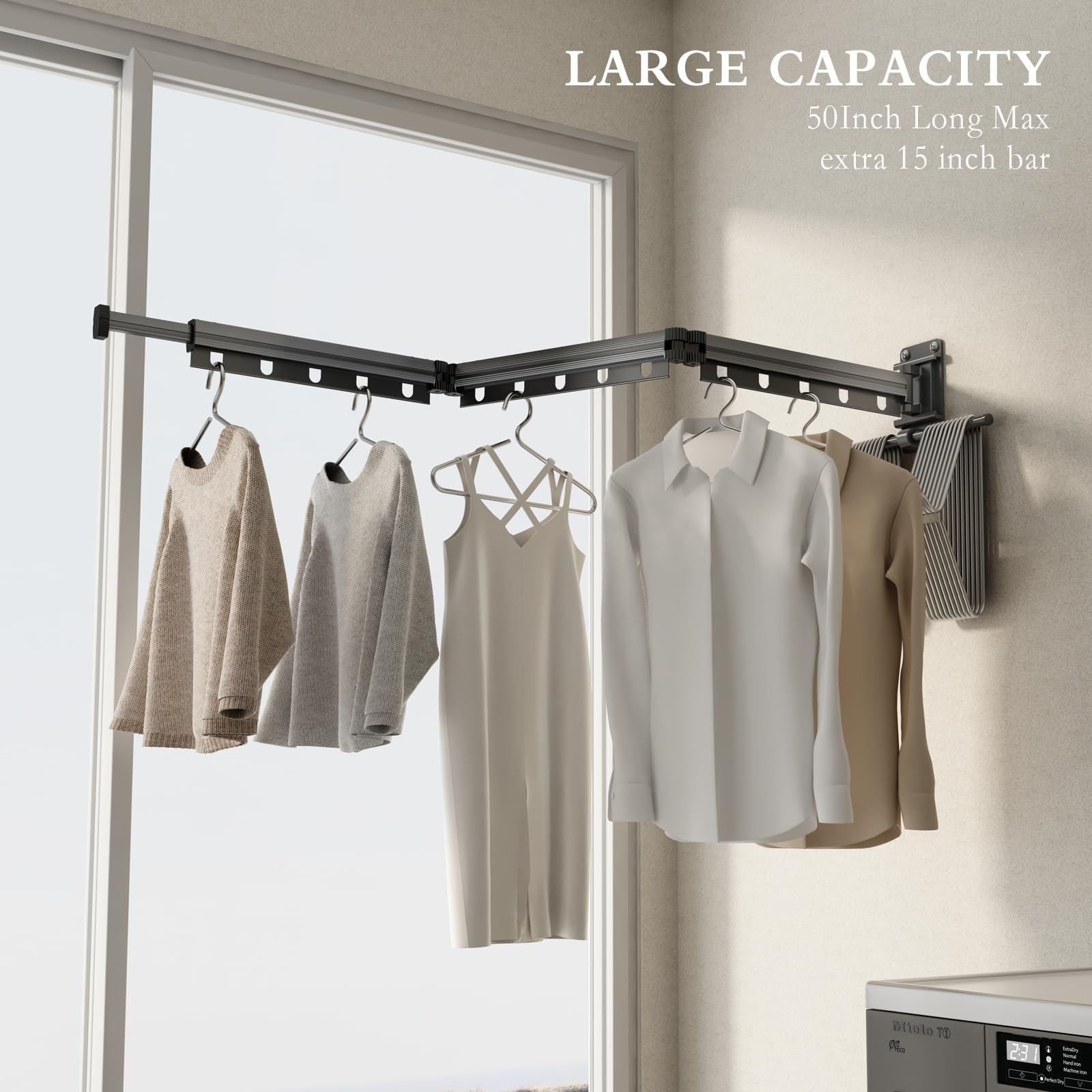 CICUFY Clothes Drying Rack Wall Mounted Foldable Laundry Drying Rack Collapsible/Retractable Space Saving Laundry Hanger Dryer Rack with Additional Bar-Matte Gray