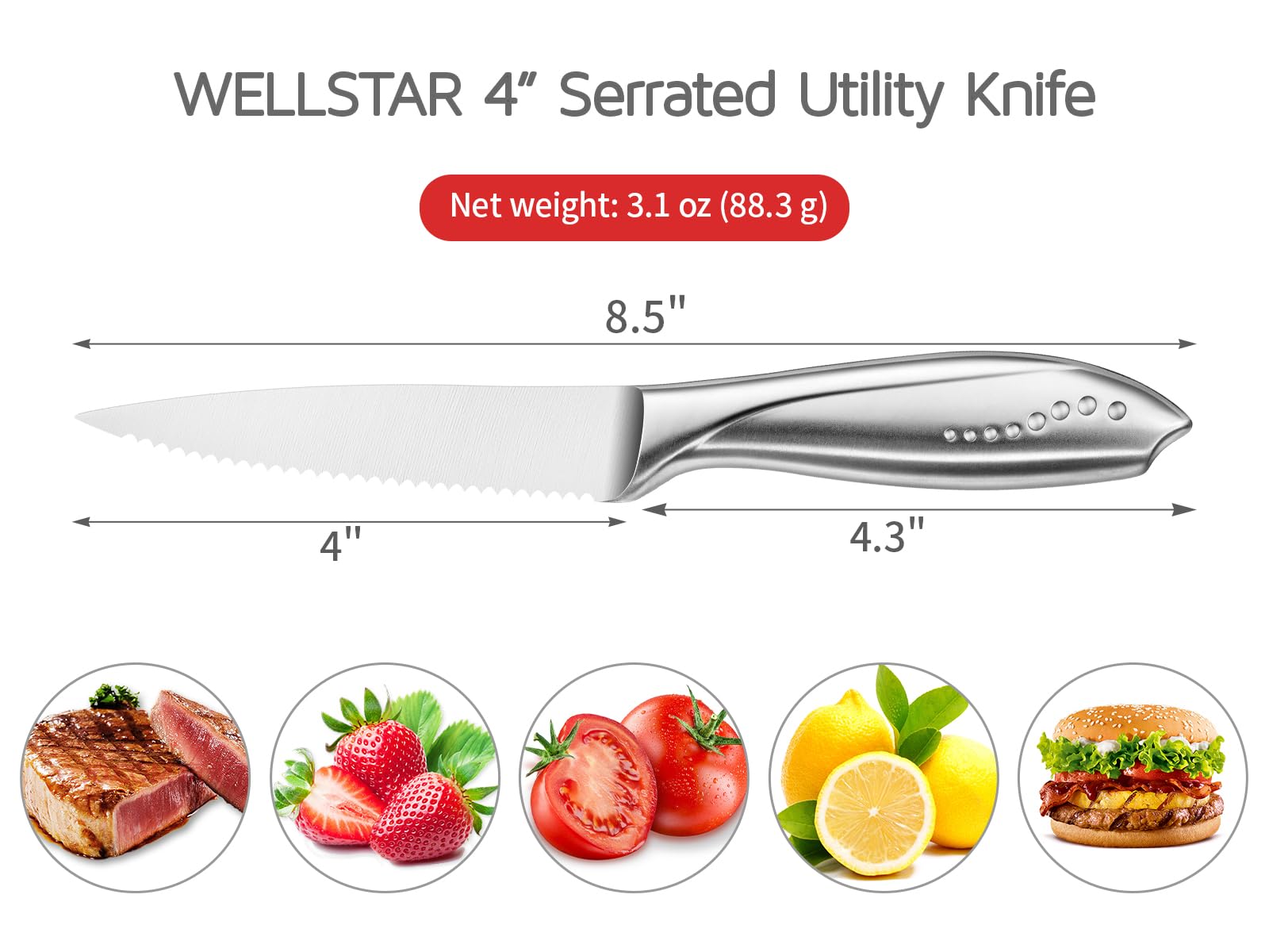 WELLSTAR Utility Knife, 4 Inch Serrated Paring Knife with Super Sharp High Carbon Stainless Steel Blade for Fruit Vegetable Cutting Peeling Slicing – Silver