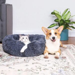 Cat Beds for Indoor Cats - Cat Bed Washable 20/24 inches, Dog Beds for Small Medium Dogs, Anti Anxiety Round Fluffy Plush Faux Fur Cat Bed, Thick Bottom (Dark Grey, Medium)