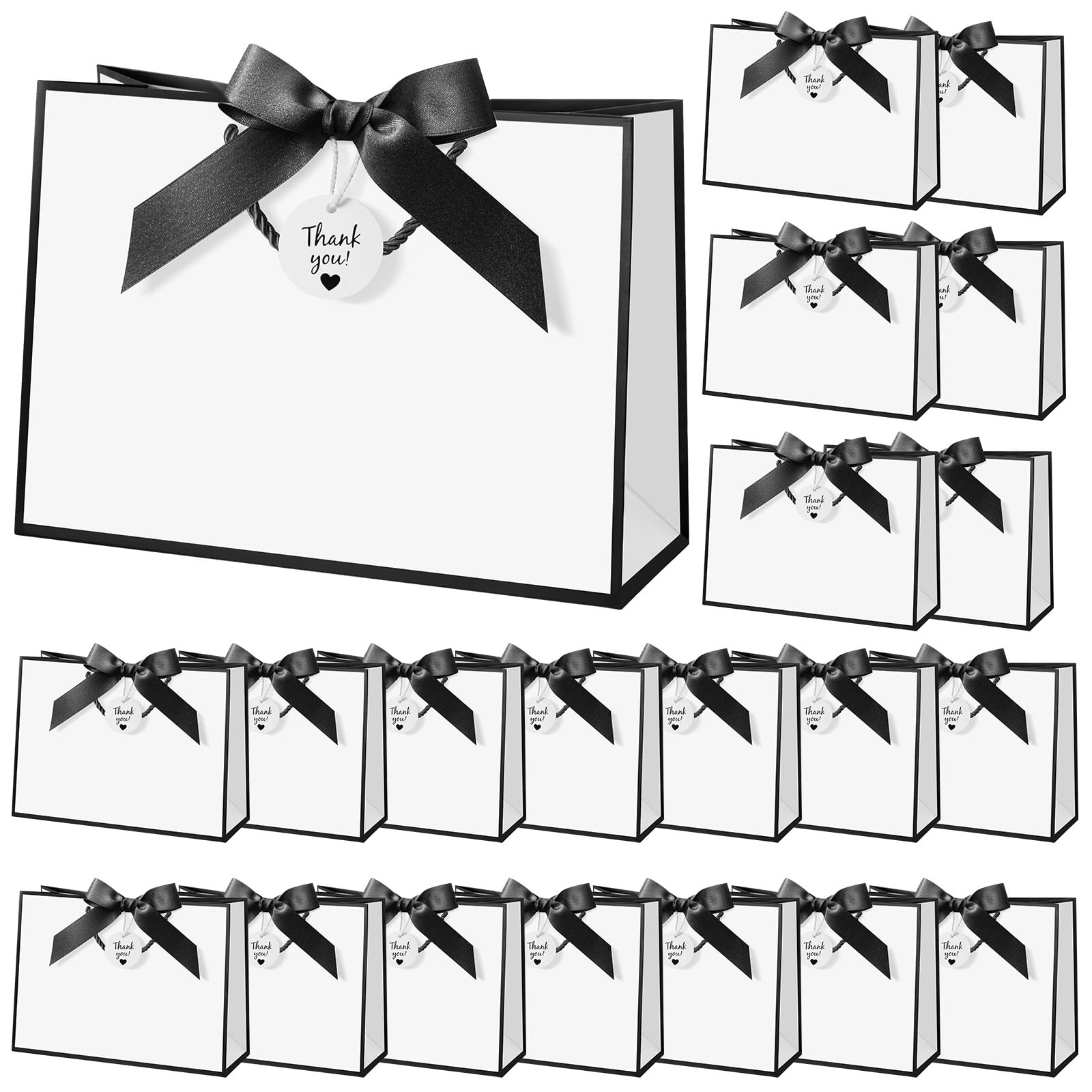 Locmeo 20 Sets Large Bow Ribbon Thank You Gift Bags Bulk with Handles 11 x 4 x 8 Inch Paper Gift Wrap Bags for Christmas Wedding Baby Shower Birthday Anniversary Holiday Party (Black and White)