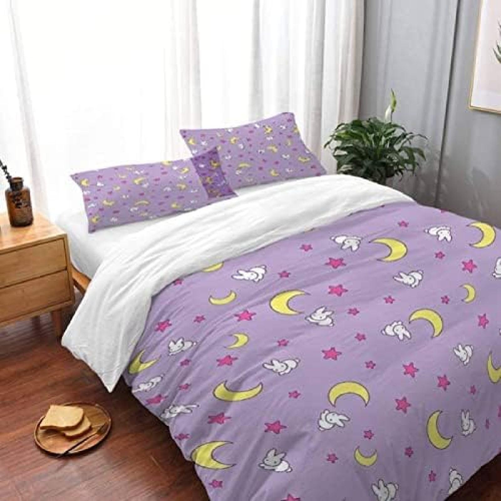 HaNduo 3 Piece Bedding Set, Rabbit Moon Star Modern Home Pattern Kids Duvet Cover Sets, Soft Microfiber Comforter Cover Sets with 2 Pillow Shams for All Seasons-Queen 90" X 90"