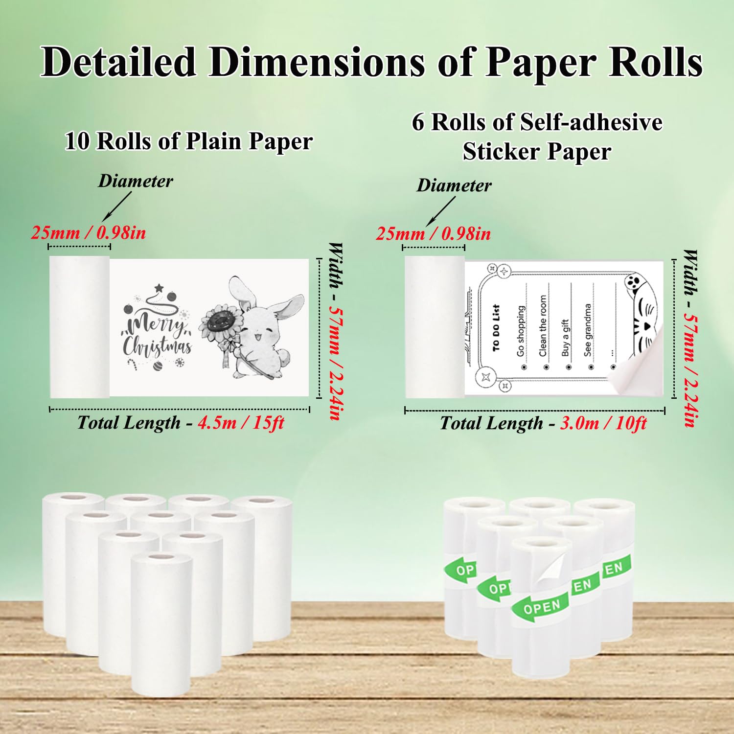 Vicbear 16 Rolls Mini Thermal Printer Paper, Including 6 Rolls Thermal Sticker Paper & 10 Rolls Thermal Plain Paper for Mini Portable Printers, 57X25 mm, Suitable for Various Inkless Sticker Printers