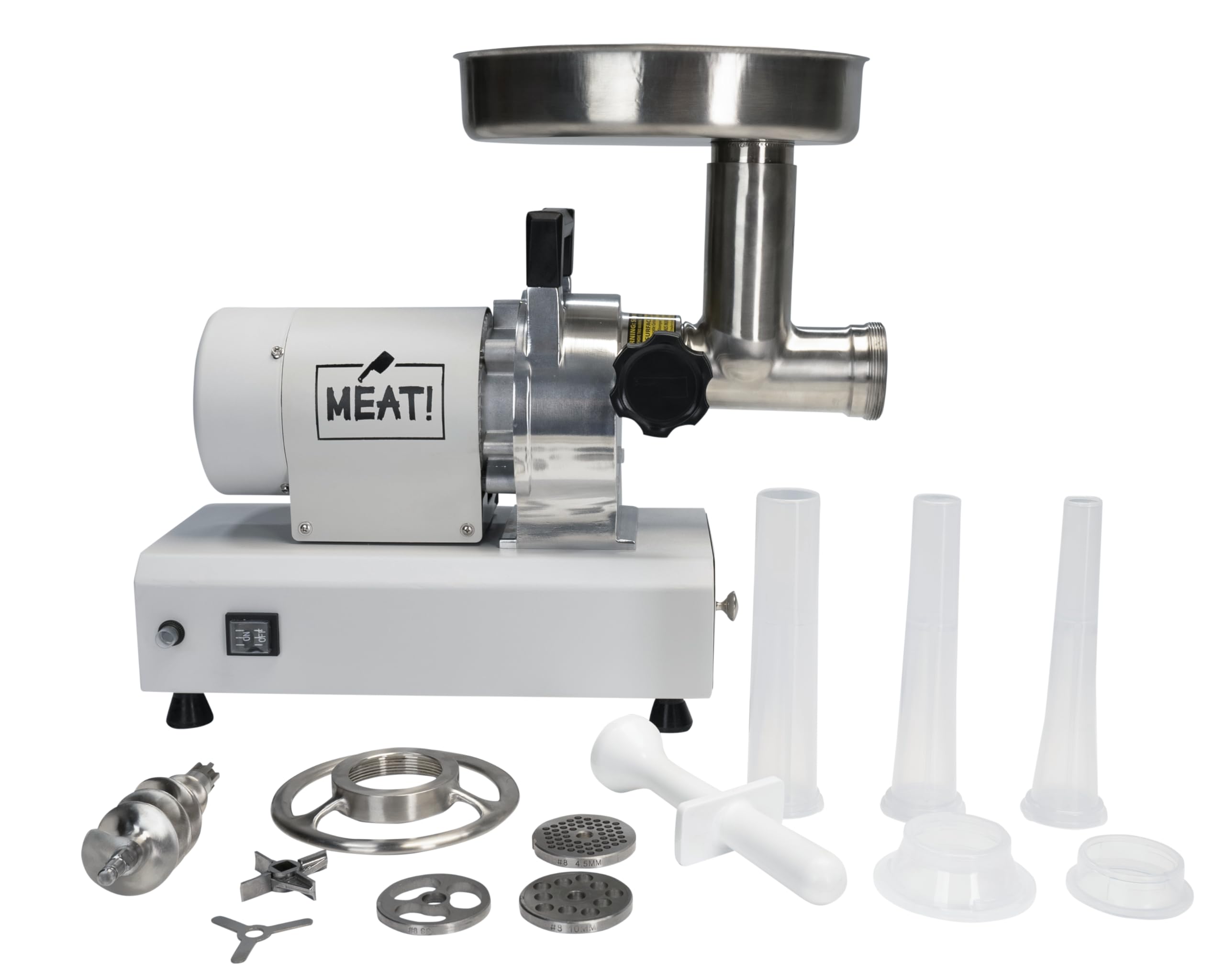 MEAT! .5 HP Dual Meat Grinder with 3 Stuffing Tubes, 2 Stainless Steel Grinding Plates, and a Stainless Steel Stuffing Plate for Making Ground Meat