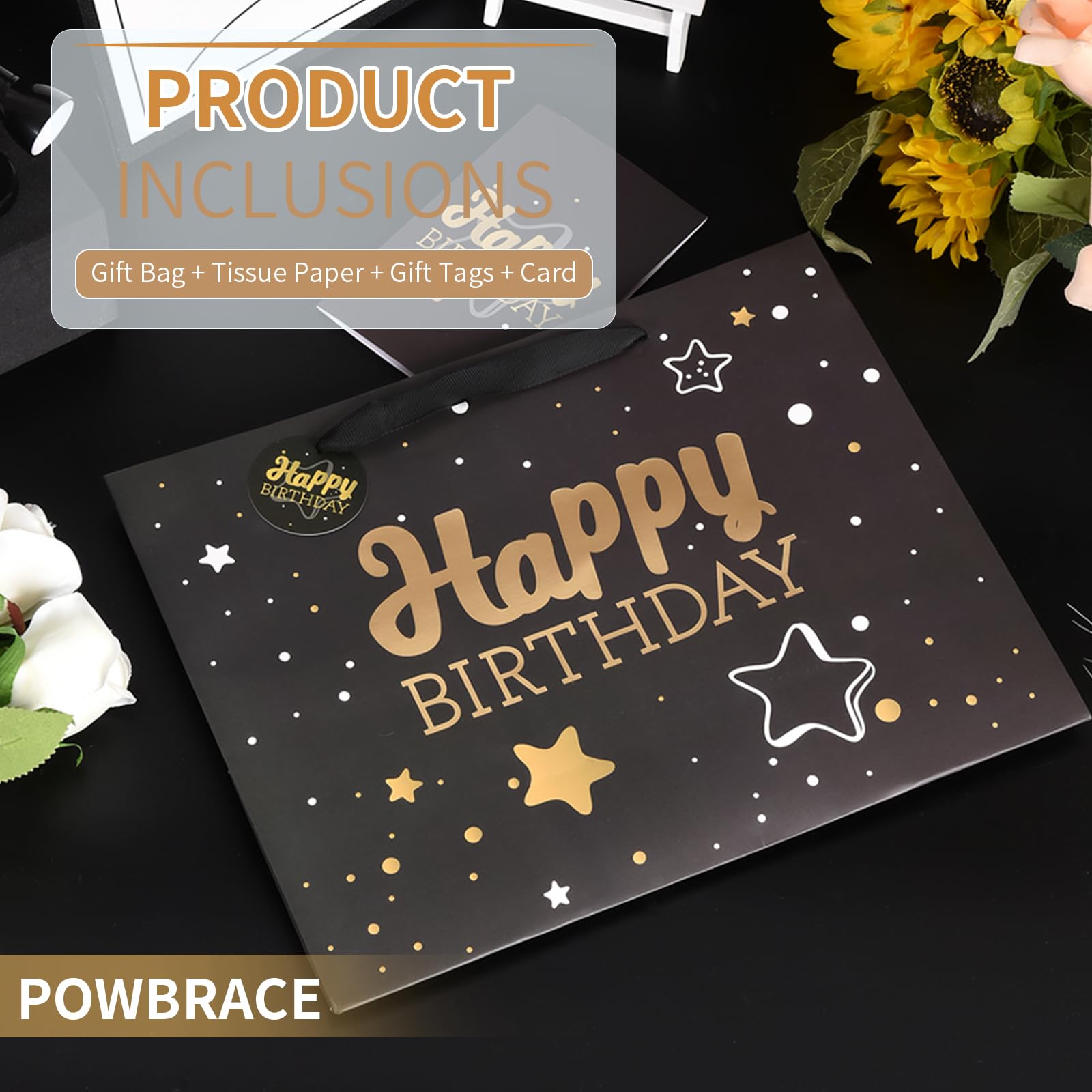 Powbrace Black Birthday Gift Bag with Tissue Paper and Greeting Card, 13'x10.2'x4.9', Medium (1-Piece Set, Black Starry Sky, Unisex, Includes Card, Ribbon, Crinkle Paper)