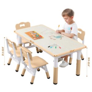 HAPPYMATY Kids Table and Chair Set, Height Adjustable Toddler Table and 6 Chairs Set for Ages 2-12, Graffiti Desktop, Non-Slip Legs, Arts & Crafts Table, Children Activity Table for Daycare Classroom