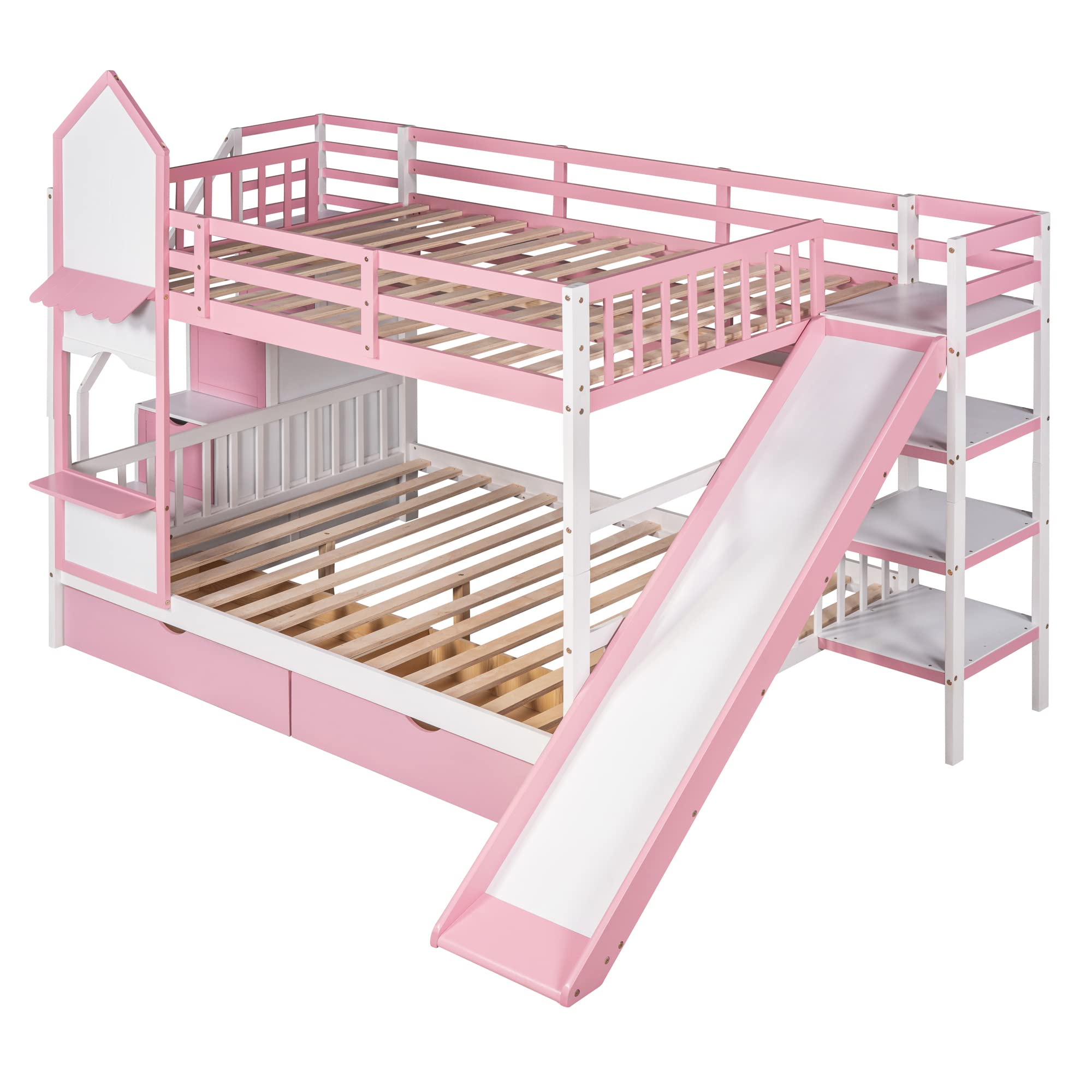 Full-Over-Full Bunk Bed, Castle Style Bunk Bed with 2 Drawers and 3 Shelves, Solid Wood Bunk Beds with Slide and Storage Staircase, Playhouse Low Bunk Bed for Kids Teens Boys Girls (Pink-O273)