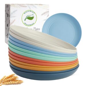 walpck wheat straw plates, unbreakable dinner plates set of 12, dishwasher & microwave safe plastic plates reusable, lightweight plates for kitchen (dopamine, 9 in)