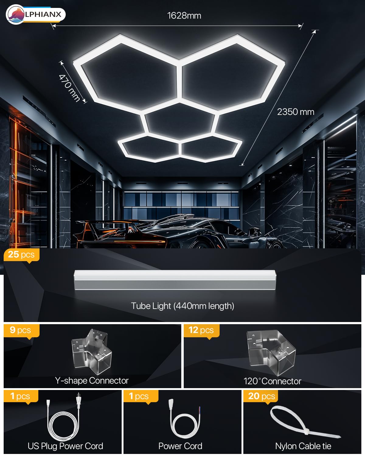 Lphianx Hexagon LED Garage Light, 25 Pack 200W 30000LM 6500K Hexagon Led Lights for Garage, Basement, Warehouse, Auto Beauty Shop, Car Detailing Shop etc