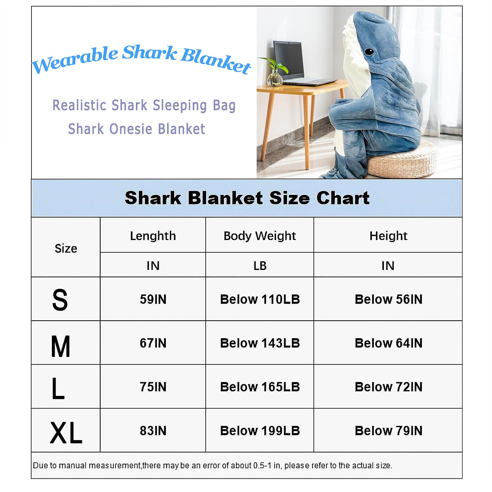 Shark Blanket Onesie Adult Wearable Shark Blanket Super Soft Cozy Flannel Hoodie Cute Funny Cozy Flannel Pajamas Shark Sleeping Bag for Boys Kids Adult Creative Gifts(S)