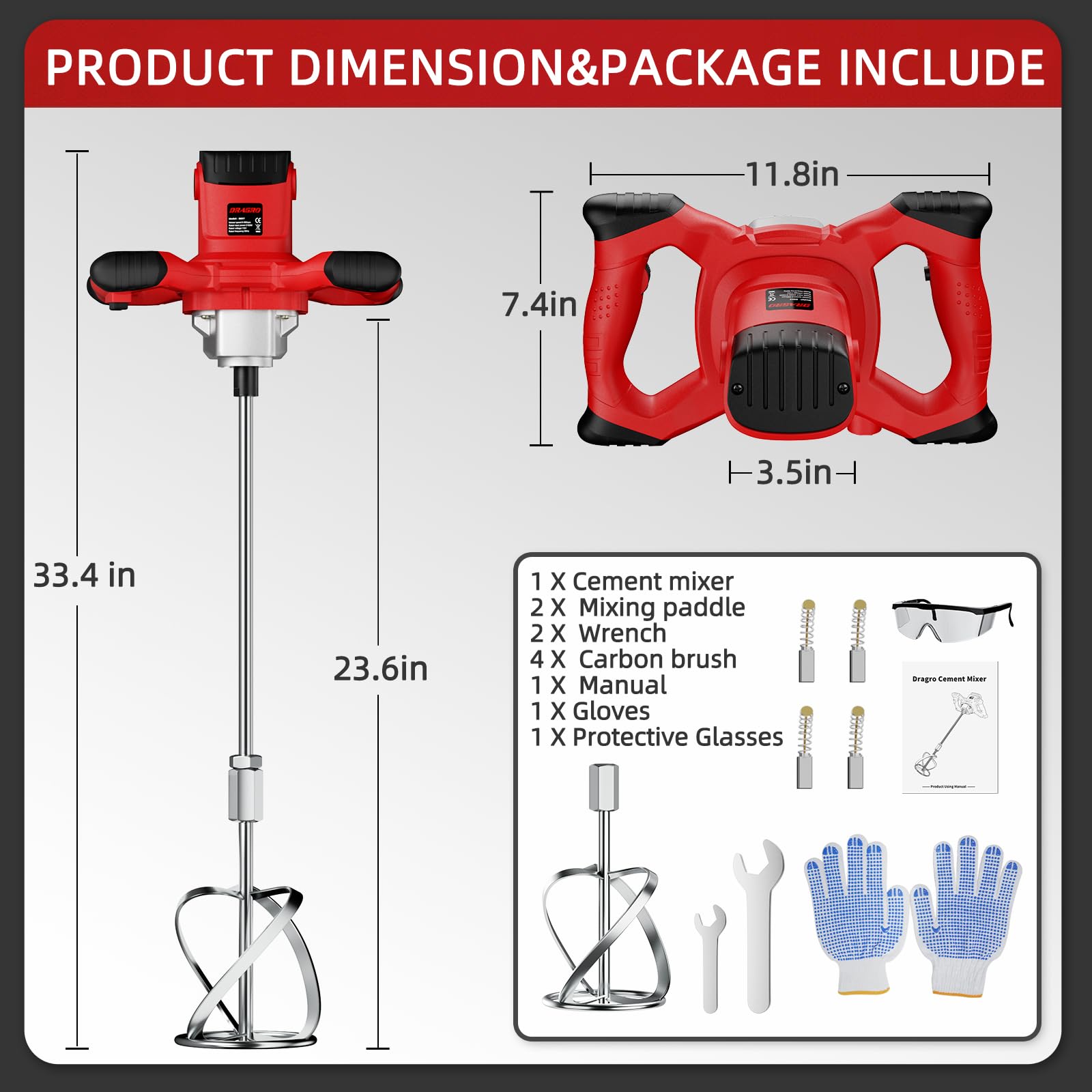 Dragro Electric Cement Mixer, 2100W Handheld Concrete Mixer with 6 Speed，Portable Mortar Mixer for Mixing Mud, Mortar, Plaster,Cement, Paint, Fodder，2 Pieces Mixing Heads