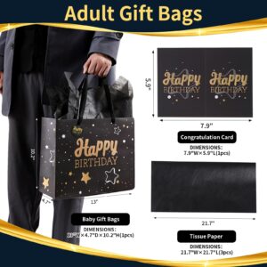 Powbrace Black Birthday Gift Bag with Tissue Paper and Greeting Card, 13'x10.2'x4.9', Medium (1-Piece Set, Black Starry Sky, Unisex, Includes Card, Ribbon, Crinkle Paper)