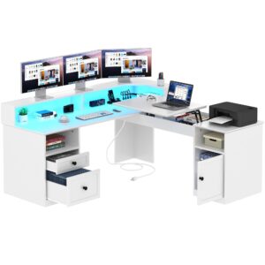 yitahome l shaped desk with drawers, 60” computer desk with power outlets & lift top, home office desk with file cabinet & led lights, height adjustable desk, white