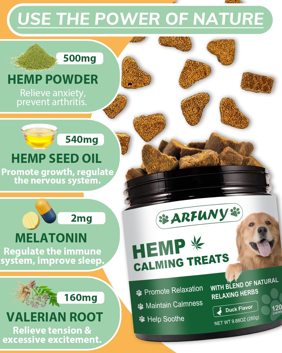 Hemp Calming Chews for Dogs Anxiety, Duck Flavored Calming Chews for Dogs 120 Chews Dog Calming Treats Natural Ingredients Calming Treats for Dogs Aid for Separation Barking Thunderstorms Travelling