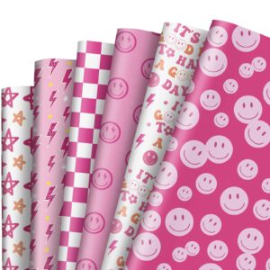 anydesign 12 sheet pink preppy wrapping paper smile face star gift wrap paper bulk decorative art paper for birthday wedding baby shower diy crafts, 19.7 x 27.6 inch, folded flat