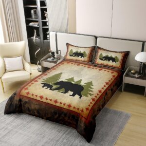 Bear 100% Cotton Duvet Cover King Rustic Farmhouse Bear Wildlife Comforter Cover Wild Bear Bedding Set Country Cabin Lodge Decor Quilt Cover Nature Woodland Bear Paw Print Bed Cover Brown Green 3Pcs