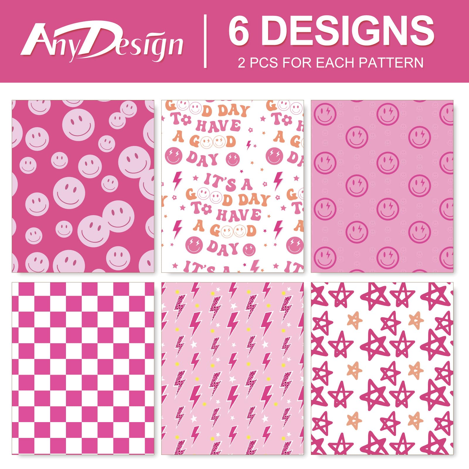 AnyDesign 12 Sheet Pink Preppy Wrapping Paper Smile Face Star Gift Wrap Paper Bulk Decorative Art Paper for Birthday Wedding Baby Shower DIY Crafts, 19.7 x 27.6 Inch, Folded Flat