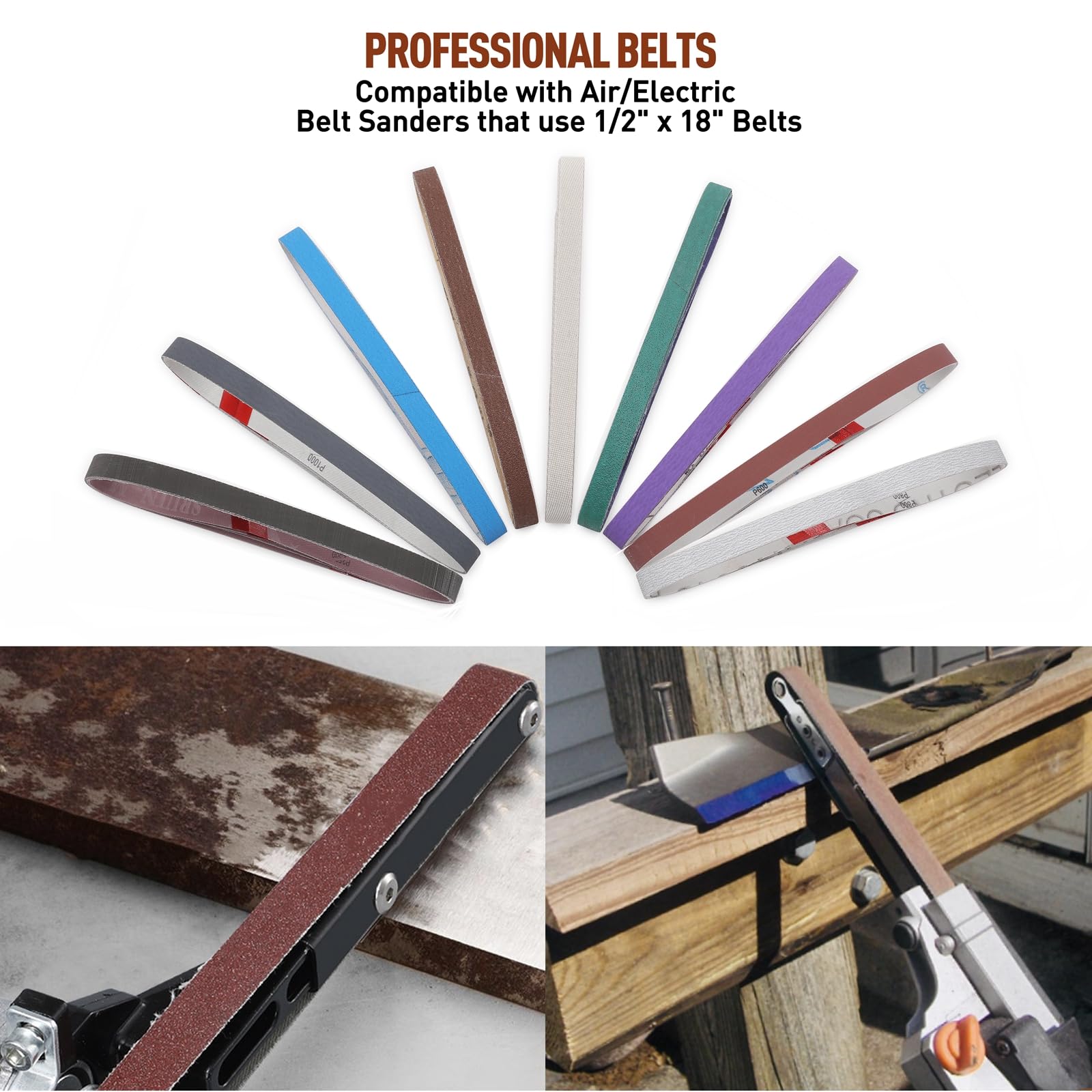 36 Pcs 1/2" x 18" Sanding Belts Set, 4 Each of 80/120/240/400/600/800/1000/2500/5000 Grits, Replacement Belts for Air/Electirc Belt Sander, for Woodworking, Plastics, Fiberglass and Metal Polishing