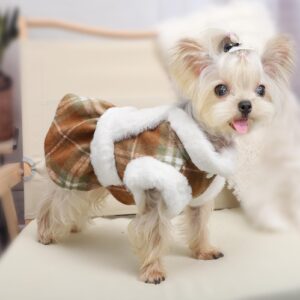 Dog Sweaters for Small Dogs Girl Dog Dress Sweater Winter Puppy Clothes Cold Weather Dog Coat Fleece Warm Pet Outfit Skirt for Chihuahua Yorkie Teacup Plaid Cat Apparel (XX-Small, Brown)