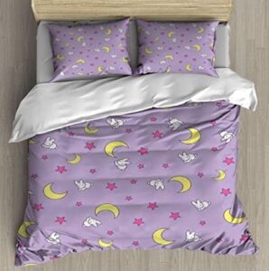 handuo 3 piece bedding set, rabbit moon star modern home pattern kids duvet cover sets, soft microfiber comforter cover sets with 2 pillow shams for all seasons-queen 90" x 90"