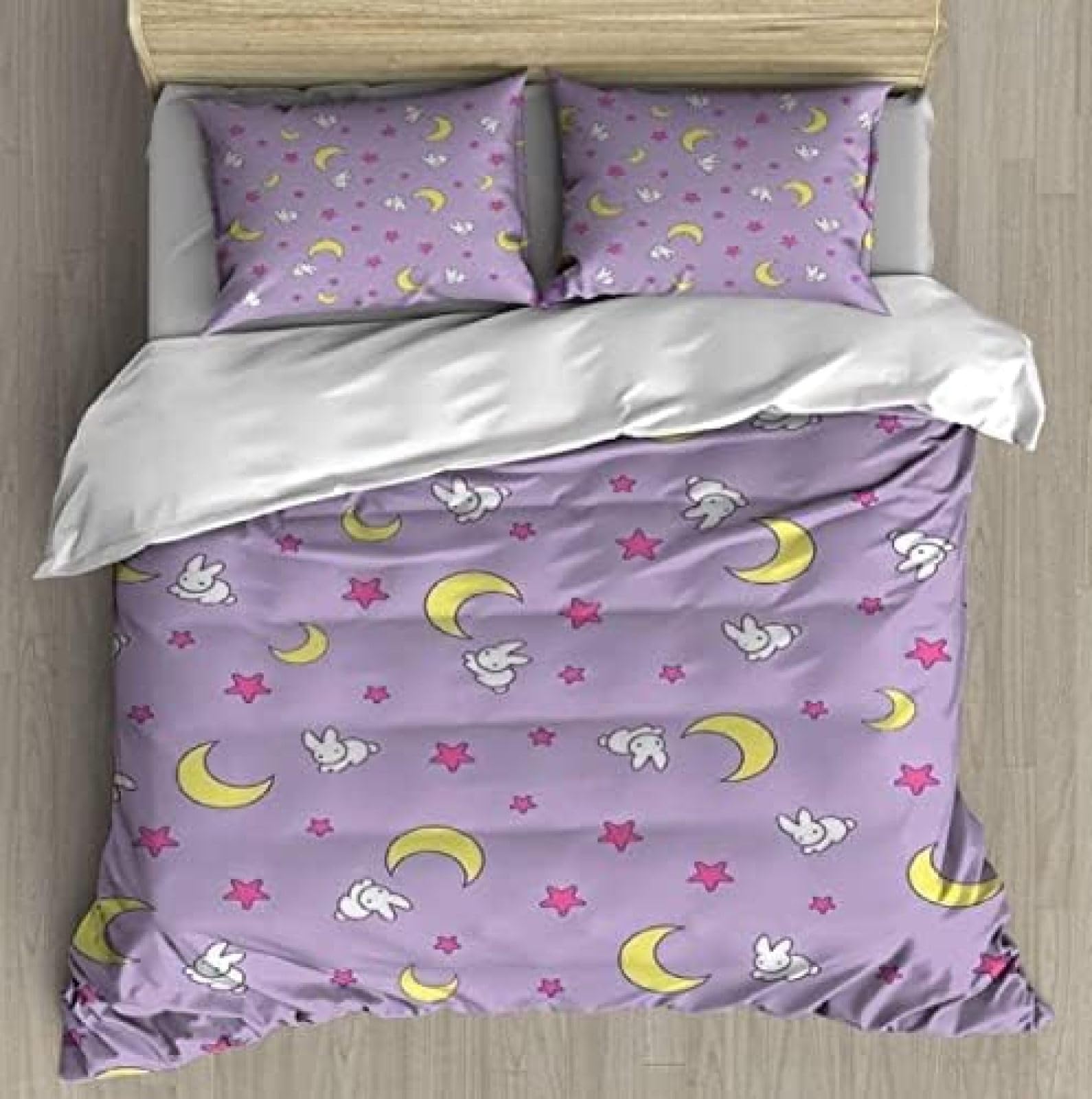 HaNduo 3 Piece Bedding Set, Rabbit Moon Star Modern Home Pattern Kids Duvet Cover Sets, Soft Microfiber Comforter Cover Sets with 2 Pillow Shams for All Seasons-Queen 90" X 90"