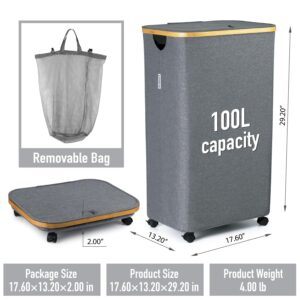 RUBROX Laundry Hamper with Lid on Wheels - 100L Large Laundry Basket with Bamboo Handle, Portable Clothes Hamper for Dorm Room, Bedroom, Bathroom, Grey foldable Hamper For Toys, Clothing, Clothing