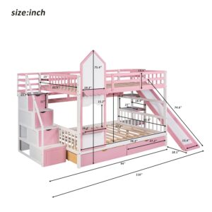 Full-Over-Full Bunk Bed, Castle Style Bunk Bed with 2 Drawers and 3 Shelves, Solid Wood Bunk Beds with Slide and Storage Staircase, Playhouse Low Bunk Bed for Kids Teens Boys Girls (Pink-O273)