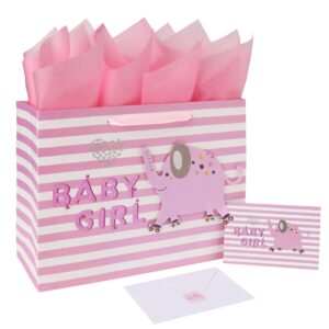 13" large pink gift bag set with greeting card and tissue paper(3d elephant) for baby girl,baby shower,kids birthday party,newborn,new moms or parents-13” x 5.2” x 10.2”, 1 pcs.