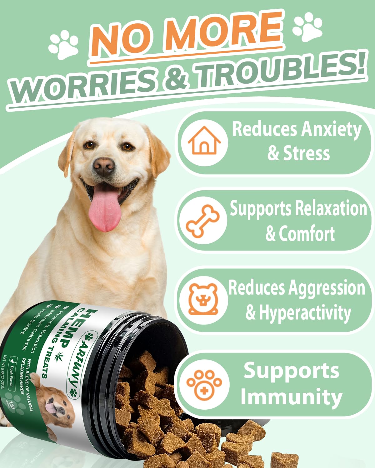 Hemp Calming Chews for Dogs Anxiety, Duck Flavored Calming Chews for Dogs 120 Chews Dog Calming Treats Natural Ingredients Calming Treats for Dogs Aid for Separation Barking Thunderstorms Travelling