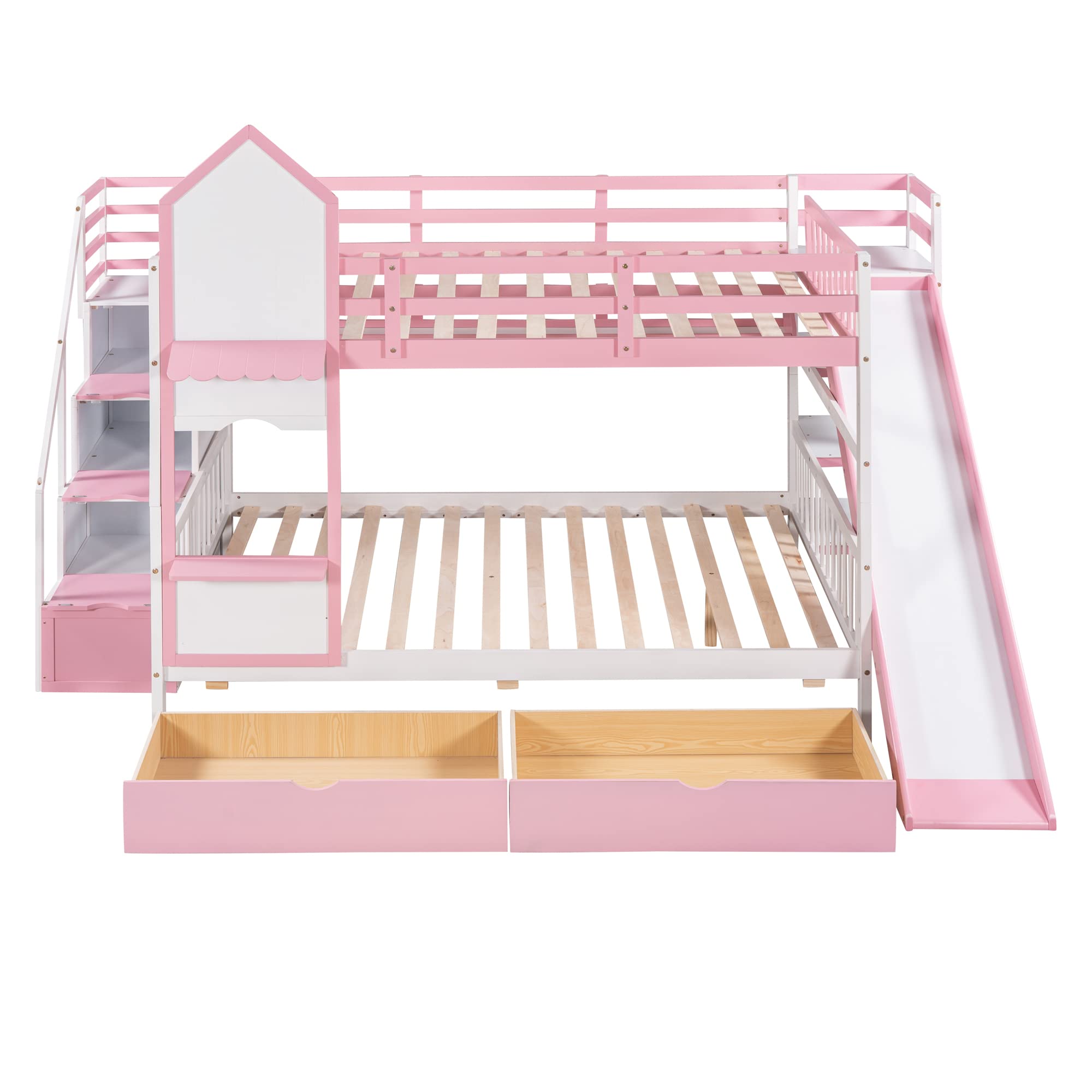 Full-Over-Full Bunk Bed, Castle Style Bunk Bed with 2 Drawers and 3 Shelves, Solid Wood Bunk Beds with Slide and Storage Staircase, Playhouse Low Bunk Bed for Kids Teens Boys Girls (Pink-O273)