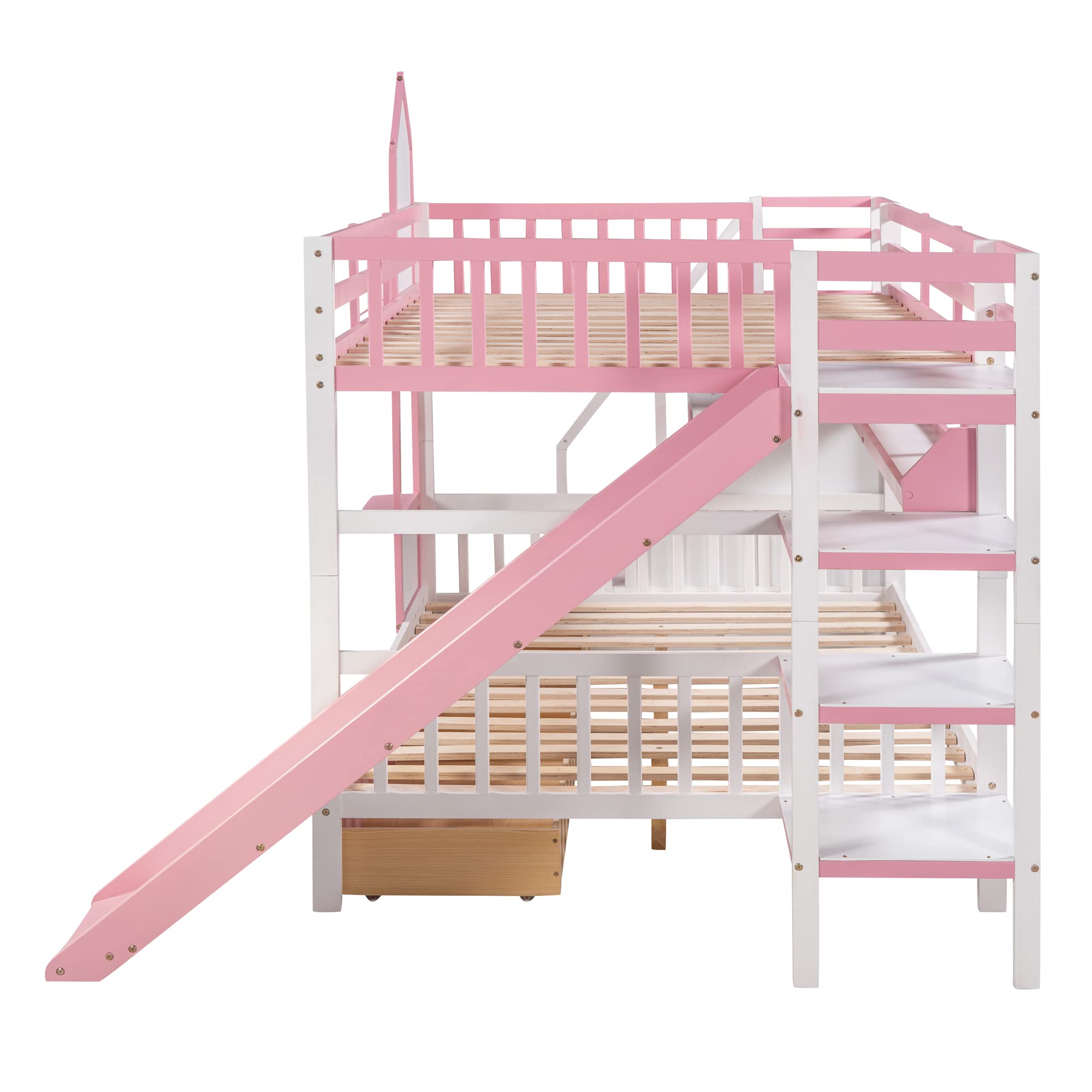 Full-Over-Full Bunk Bed, Castle Style Bunk Bed with 2 Drawers and 3 Shelves, Solid Wood Bunk Beds with Slide and Storage Staircase, Playhouse Low Bunk Bed for Kids Teens Boys Girls (Pink-O273)