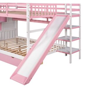 Full-Over-Full Bunk Bed, Castle Style Bunk Bed with 2 Drawers and 3 Shelves, Solid Wood Bunk Beds with Slide and Storage Staircase, Playhouse Low Bunk Bed for Kids Teens Boys Girls (Pink-O273)