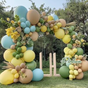 Blue Yellow Green Balloon Garland Double Stuffed Dusty Blue Sage Green Brown Balloon Arch Kit Olive Apricot Nude Metallic Gold Latex Balloons For Birthday Bridal Baby Shower Wild One Party Deocration