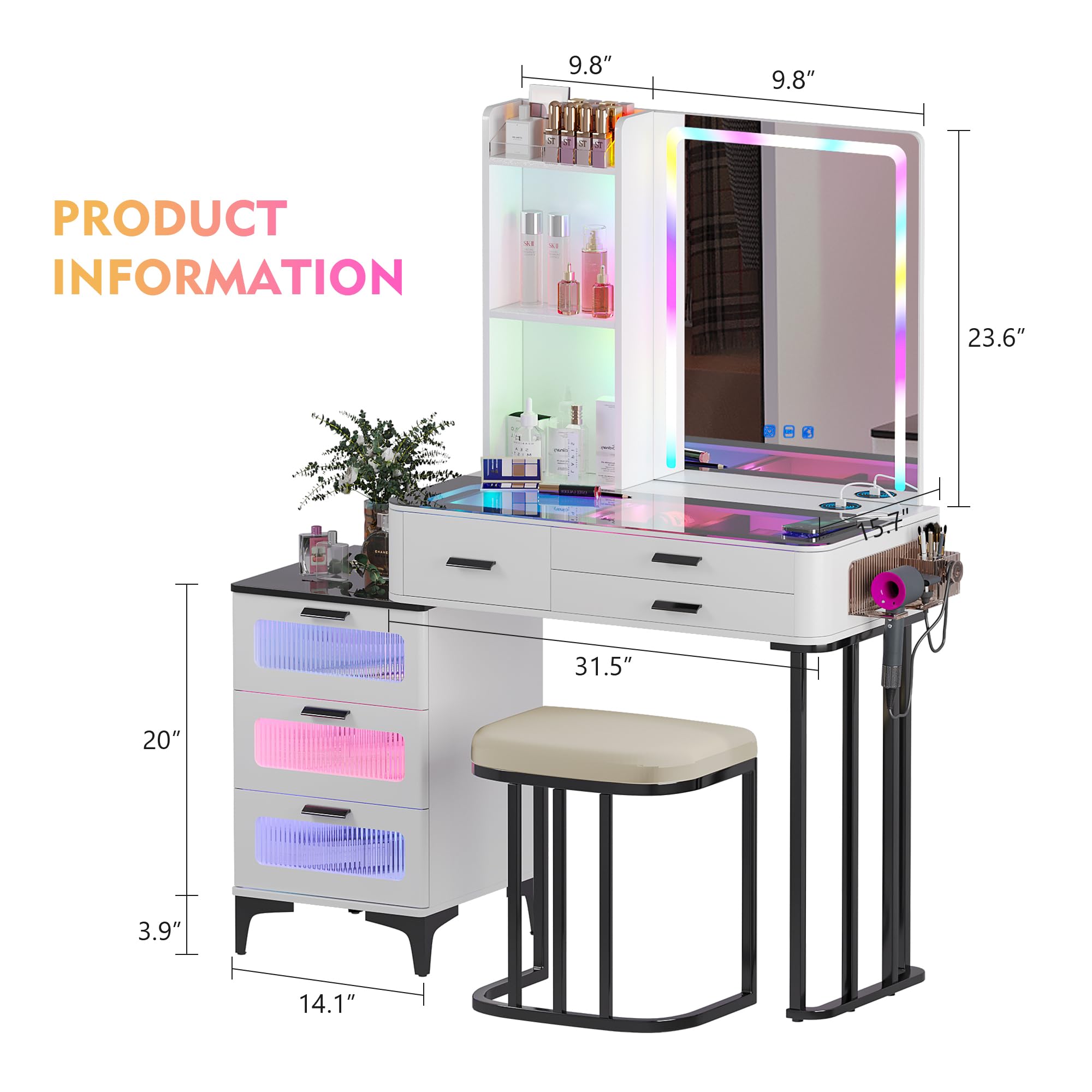 Gurexl RGB Makeup Vanity Desk with Wireless Charging Station,7 Dynamic and 7 Static Dimmable Vanity Table with Visible Glass Top, Dream Make up Vanity with Mirror and Lights, Stool, 6 Drawers