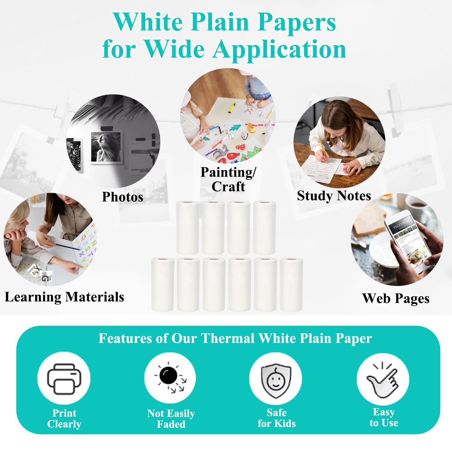 Vicbear 16 Rolls Mini Thermal Printer Paper, Including 6 Rolls Thermal Sticker Paper & 10 Rolls Thermal Plain Paper for Mini Portable Printers, 57X25 mm, Suitable for Various Inkless Sticker Printers