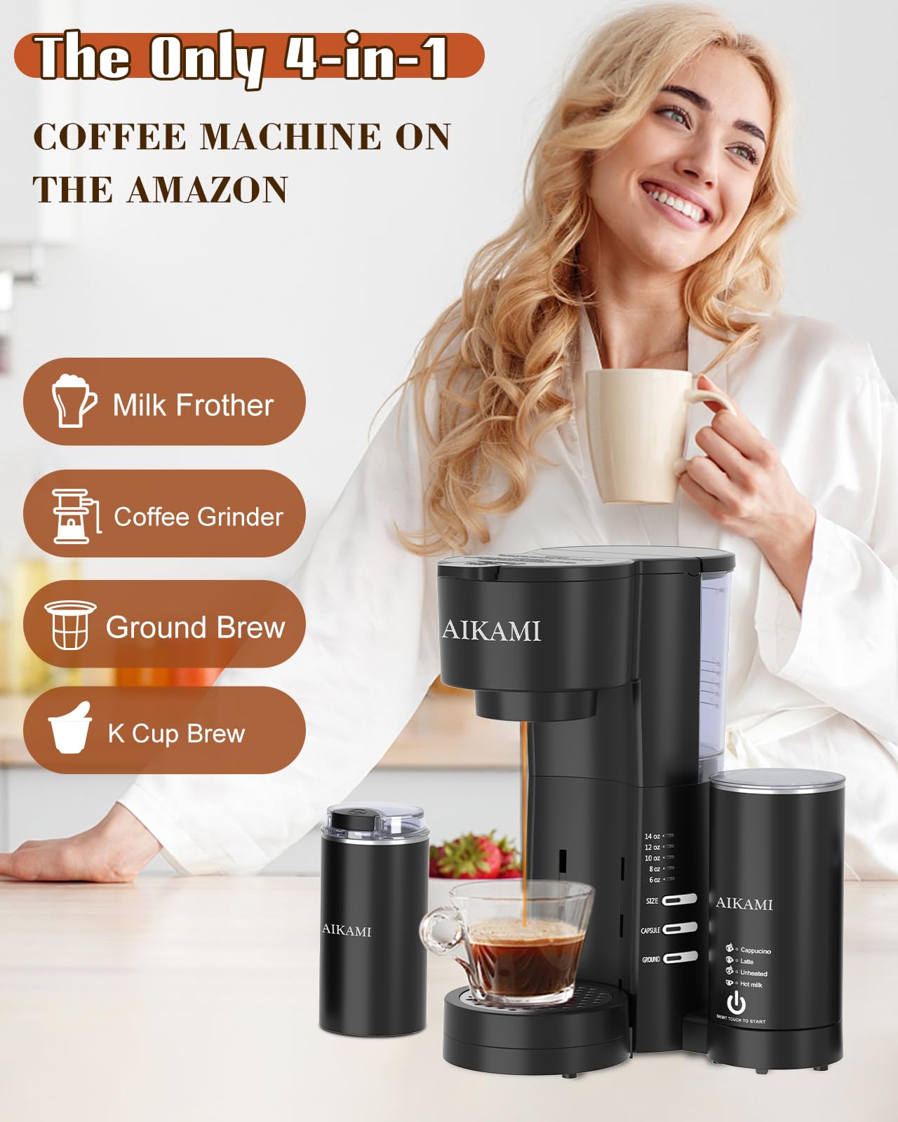 4 IN 1 Single Serve Coffee Maker with Milk Frother and Coffee Grinder, Coffee Maker for K Cup and Ground Coffee, with 30 oz Removable Water Reservoir, 6 to 14 oz. Brew Sizes, Coffee Machine for Home