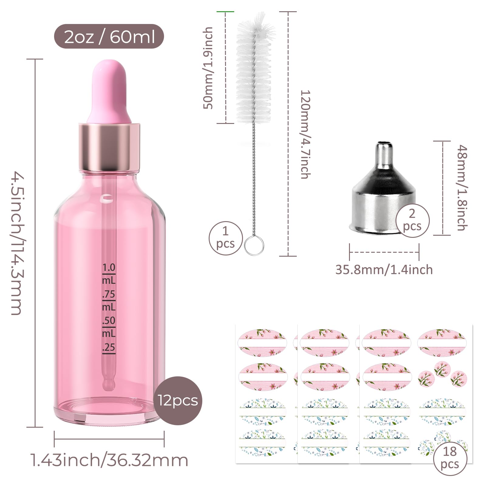 CycleMore 2 oz Pink Glass Dropper Bottles Eye Dropper Bottles with Glass Scales, 12 Pack Tincture Bottles with Labels and Funnels for Perfumes,Essential Oils & Makeup