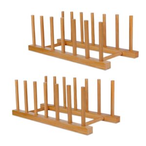 samebuteco bamboo wooden dish racks plate stand holder vertical drainer kitchen cabinet organizer for dish, pots, lids, bowls, cups, and cutting boards and books(2 packs)