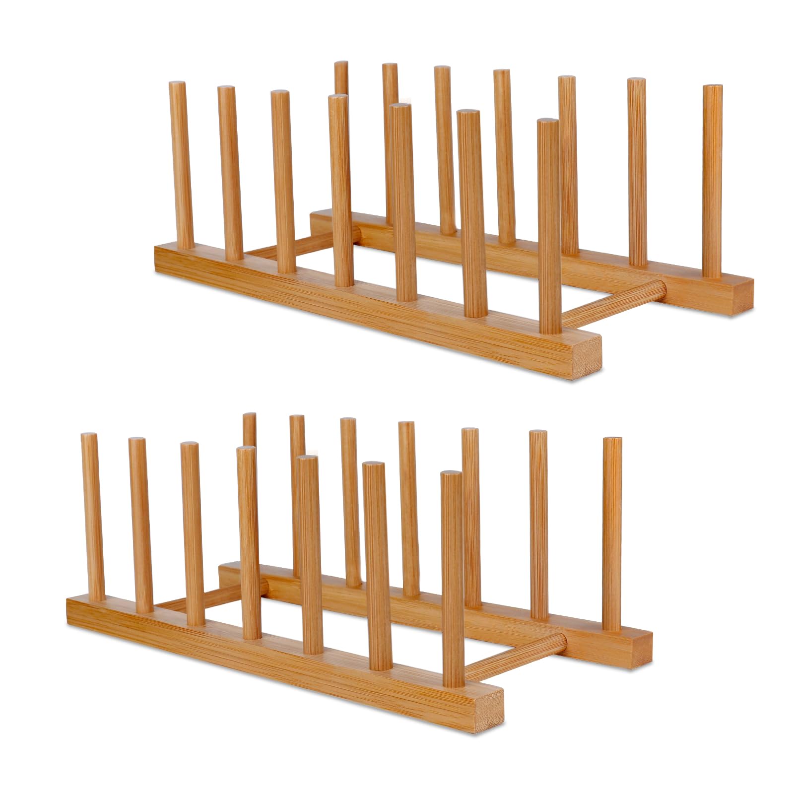 SAMEBUTECO Bamboo Wooden Dish Racks Plate Stand Holder Vertical Drainer Kitchen Cabinet Organizer for Dish, Pots, Lids, Bowls, Cups, and Cutting Boards and Books(2 Packs)