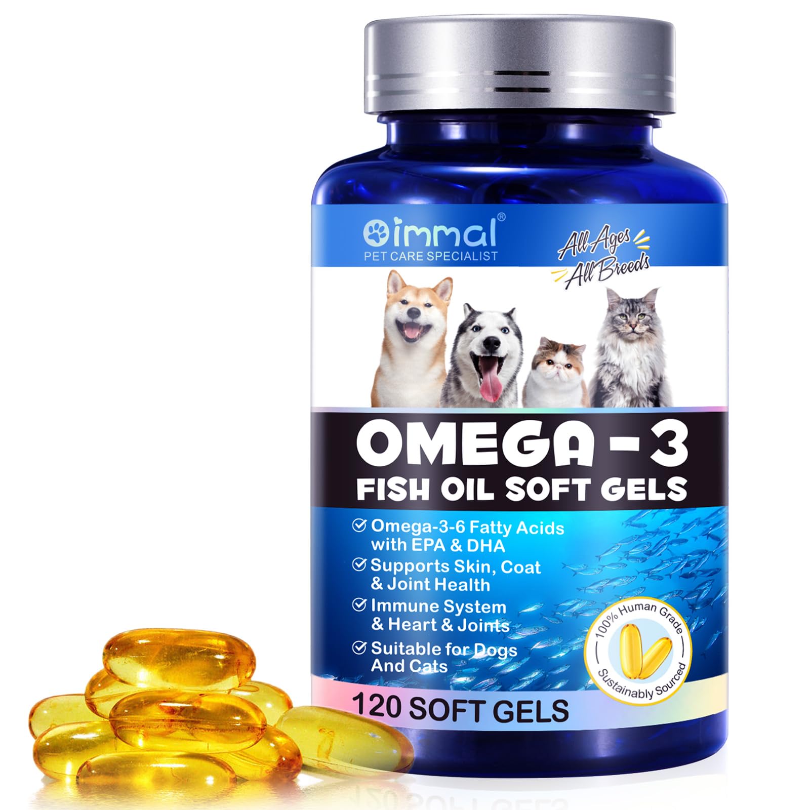 Omega 3 Fish Oil Soft Gels for Dog's Skin, Joints and Coat, Salmon Fish Oil Soft Gels for Dogs & Cats, Natural EPA + DHA Fatty Acids for Joint Function, Immune & Heart Health, Wild Alaskan Salmon Oil