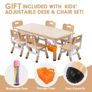 HAPPYMATY Kids Table and Chair Set, Height Adjustable Toddler Table and 6 Chairs Set for Ages 2-12, Graffiti Desktop, Non-Slip Legs, Arts & Crafts Table, Children Activity Table for Daycare Classroom