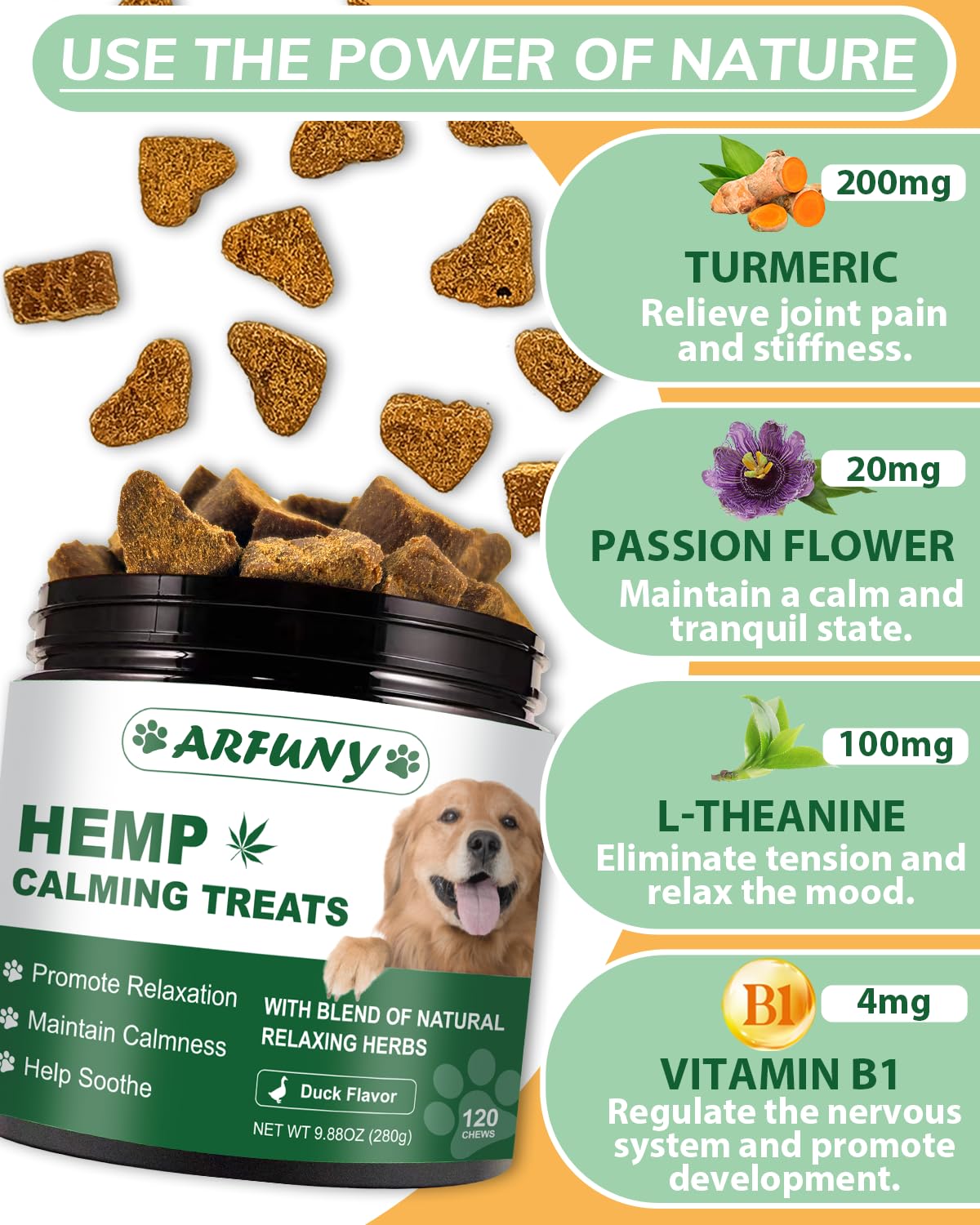 Hemp Calming Chews for Dogs Anxiety, Duck Flavored Calming Chews for Dogs 120 Chews Dog Calming Treats Natural Ingredients Calming Treats for Dogs Aid for Separation Barking Thunderstorms Travelling