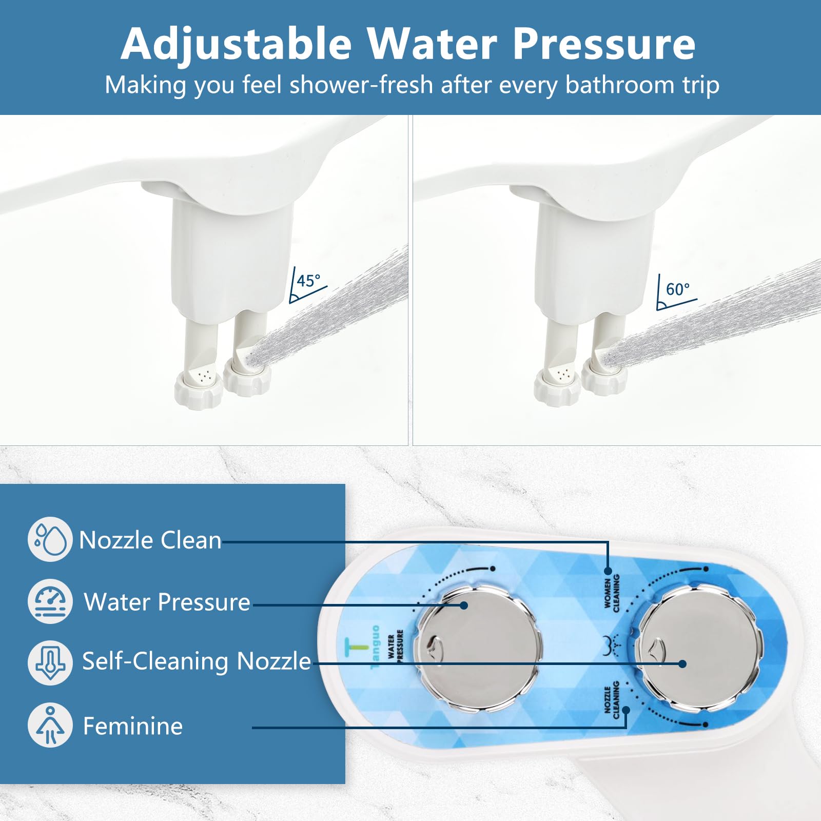 Tanguo Bidet Attachment for Toilet, Adjustable Pressure Control &Self-Cleaning Dual Nozzle (Feminine/Bidet Wash) Toilet Bidet, Cold Water Sprayer Bidets for Existing Toilets