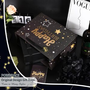 Powbrace Black Birthday Gift Bag with Tissue Paper and Greeting Card, 13'x10.2'x4.9', Medium (1-Piece Set, Black Starry Sky, Unisex, Includes Card, Ribbon, Crinkle Paper)